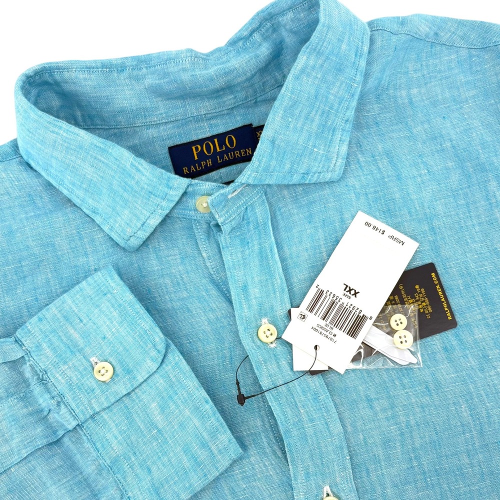 Polo Ralph Lauren Blue Linen Long Sleeve Button Up Shirt Classic Fit XXL New